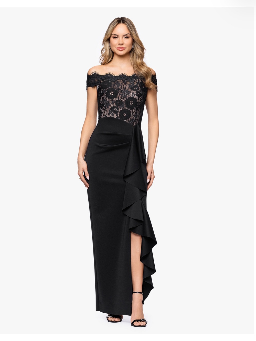Betsy & Adam Black Off-Shoulder Lace Dress